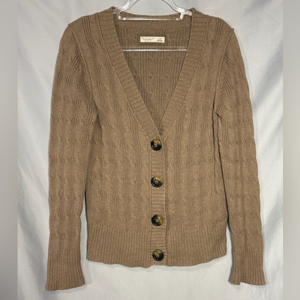 Old Navy Chunky Cable Knit Brown Cardigan Sweater V Neck Womens Button Front L